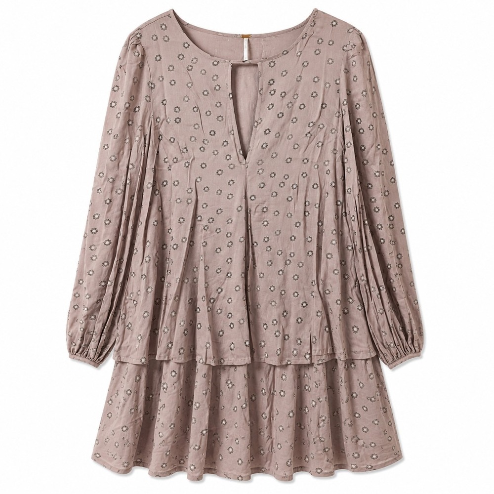 FREE PEOPLE Beck Mini Swing Dress Sz S Taupe Bohemian Chic Cottagecore Peasant